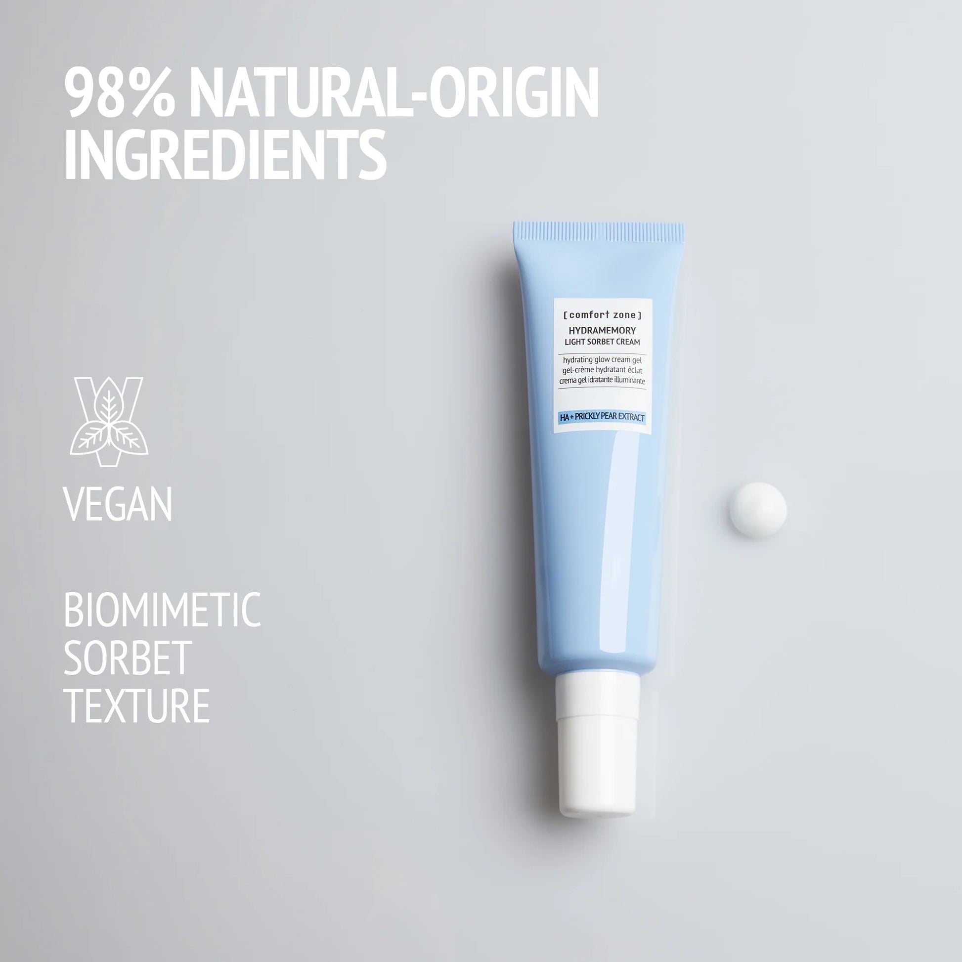 Comfort Zone Hydramemory Light sorbet crem 60ml - Let, fugtgivende ansigtscreme med sorbet-lignende tekstur i elegant hvid beholder med blåt låg. Indeholder hyaluronsyre og naturlige ekstrakter for optimal hydrering