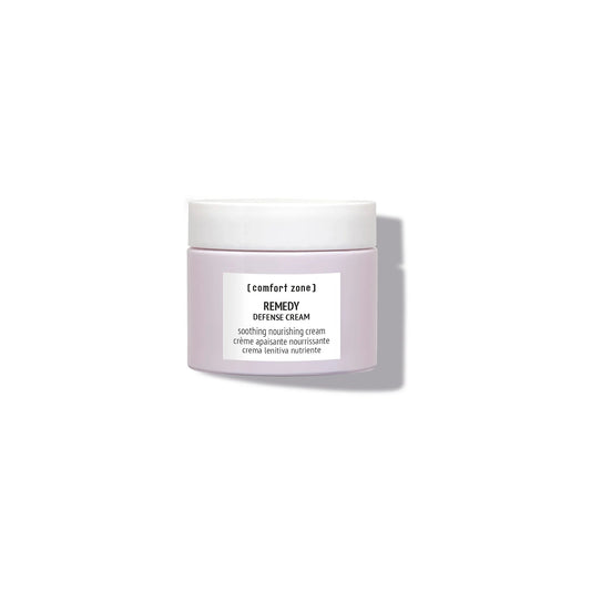 Comfort Zone Remedy Defense Cream 60ml - Beroligende og beskyttende ansigtscreme til sensitiv hud. Nærende tekstur i elegant hvid beholder med grønt låg. Vegansk formel uden silikoner, formuleret med respekt for hudens mikrobiom