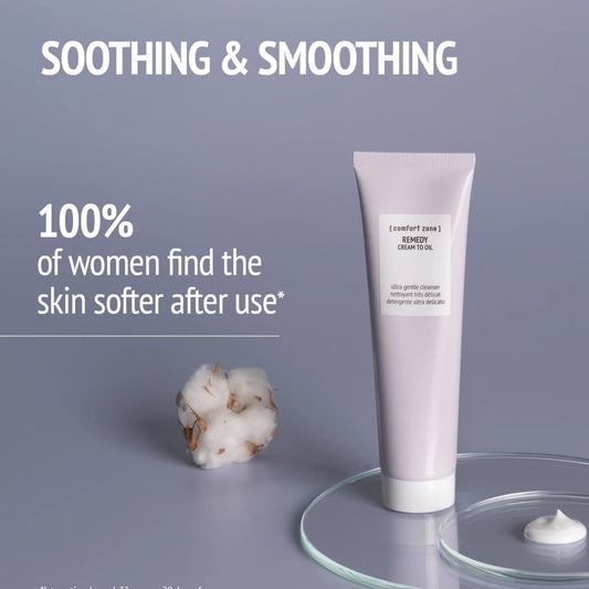 Comfort Zone Remedy Cream-to-oil 150ml - Luksuriøs plejende rensecreme der forvandles til olie ved kontakt med huden. Indeholder beroligende marulaolie og naturlige ekstrakter. Elegant hvid beholder med hvidt låg.