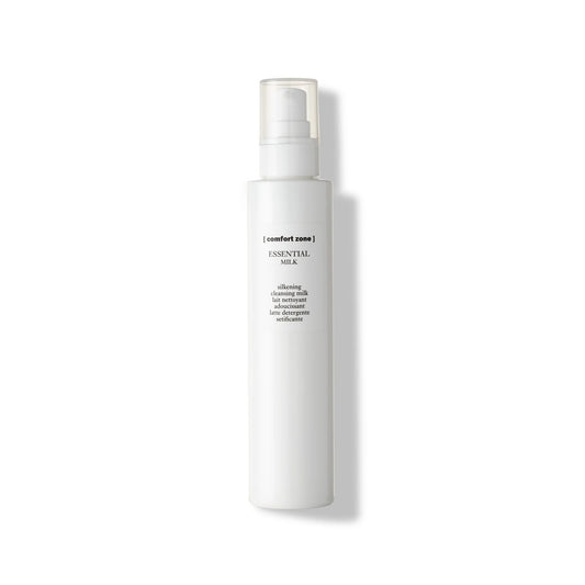 Comfort Zone Essential Milk 200ml - Blid og nærende rensemælk i elegant hvid flaske. Fjerner makeup og urenheder uden at udtørre eller irritere huden. Beriget med naturlige ingredienser for skånsom pleje